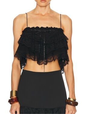 Black Lace Ruffle Crop Tank Top - Women